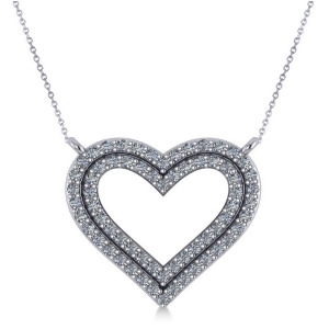 Double Row Open Heart Diamond Pendant Necklace 14k White Gold 0.66ct - All