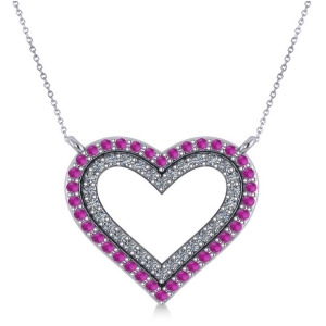 Double Open Heart Diamond and Pink Sapphire Pendant 14k White Gold 0.66ct - All