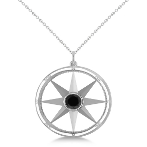 Black Diamond Compass Pendant Fashion Necklace 14k White Gold 0.66ct - All