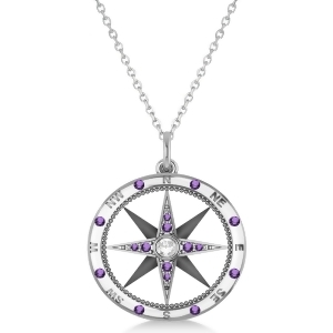 Compass Pendant Amethyst and Diamond Accented 14k White Gold 0.19ct - All