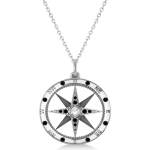 Compass Pendant Black and White Diamond Accented 14k White Gold 0.19ct - All