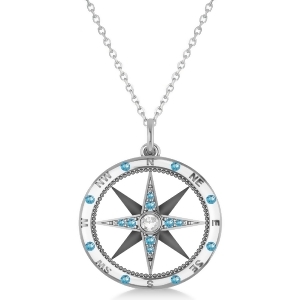 Compass Pendant Blue Topaz and Diamond Accented 14k White Gold 0.19ct - All