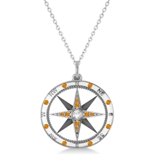 Compass Pendant Citrine and Diamond Accented 14k White Gold 0.19ct - All