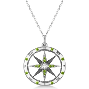 Compass Pendant Peridot and Diamond Accented 14k White Gold 0.19ct - All