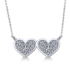 Double Heart Diamond Pendant Necklace 14k White Gold 0.28ct - All