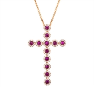 0.45Ct Diamond and 1.03ct Ruby 14k Rose Gold Diamond Cross Pendant Necklace - All