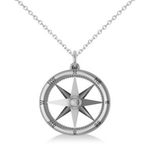 Nautical Compass Pendant Necklace Plain Metal 14k White Gold - All