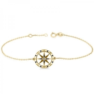Blue Sapphire and Diamond Nautical Compass Bracelet 14k Yellow Gold 0.19ct - All