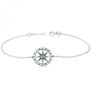 Emerald and Diamond Nautical Compass Bracelet 14k White Gold 0.19ct - All