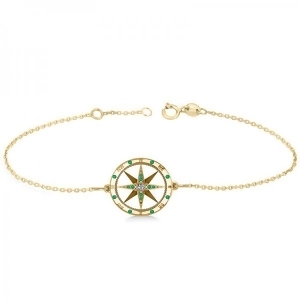 Emerald and Diamond Nautical Compass Bracelet 14k Yellow Gold 0.19ct - All