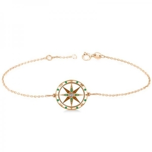 Emerald and Diamond Nautical Compass Bracelet 14k Rose Gold 0.19ct - All