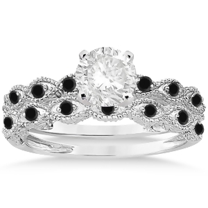 Antique Petite Black Diamond Bridal Ring Set 18k White Gold 0.20ct - All
