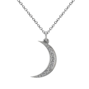 Crescent Moon Shaped Diamond Pendant Necklace 14k White Gold 0.13ct - All