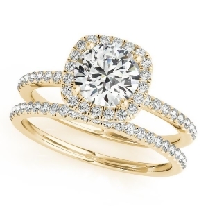Square Halo Round Diamond Bridal Set Ring and Band 14k Yellow Gold 1.13ct - All