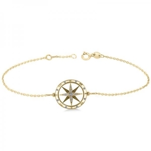 Diamond Nautical Compass Bracelet 14k Yellow Gold 0.19ct - All