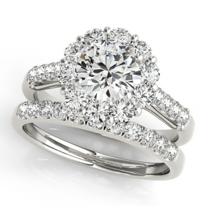 Floral Halo Round Diamond Bridal Set 14k White Gold 2.12ct - All