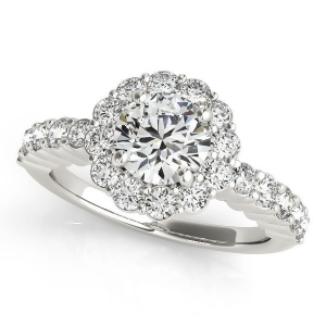 Floral Halo Round Diamond Engagement Ring 18k White Gold 1.61ct - All