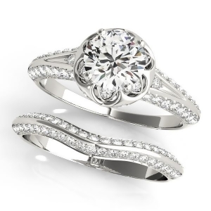Diamond Floral Style Halo Bridal Set 14k White Gold 0.95ct - All