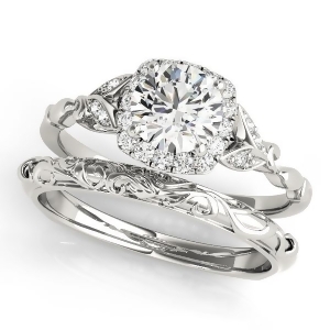 Diamond Antique Style Bridal Set 14k White Gold 0.89ct - All
