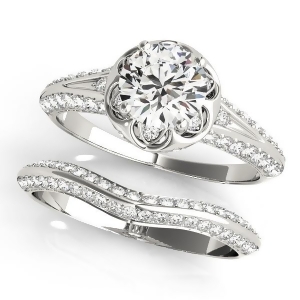 Diamond Floral Style Halo Bridal Set Platinum 0.95ct - All