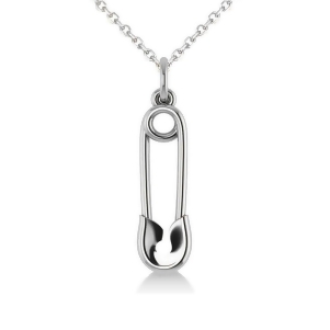 Vertical Safety Pin Novelty Pendant Necklace 14k White Gold - All