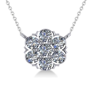 Diamond Flower Cluster Pendant Necklace 14k White Gold 1.06ct - All