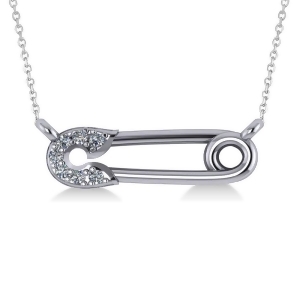 Horizontal Diamond Safety Pin Pendant Necklace 14k White Gold 0.07ct - All