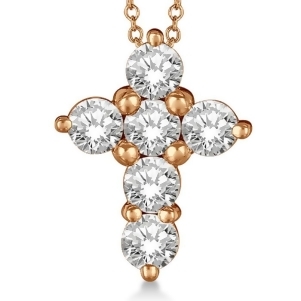 Prong Set Round Diamond Cross Pendant Necklace 14k Rose Gold 2.05ct - All