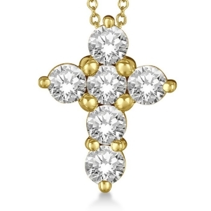 Prong Set Round Diamond Cross Pendant Necklace 14k Yellow Gold 2.05ct - All