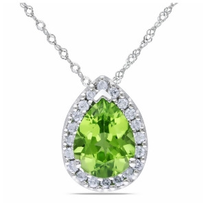 Diamond and Pear Peridot Halo Pendant Necklace 14k White Gold 1.83ct - All