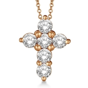 Prong Set Round Diamond Cross Pendant Necklace 14k Rose Gold 1.50ct - All