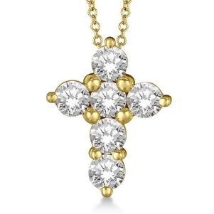 Prong Set Round Diamond Cross Pendant Necklace 14k Yellow Gold 1.50ct - All