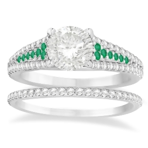 Emerald and Diamond 3 Row Bridal Set 14k White Gold 0.47ct - All