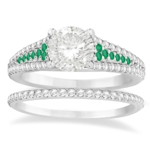 Emerald and Diamond 3 Row Bridal Set 18k White Gold 0.47ct - All
