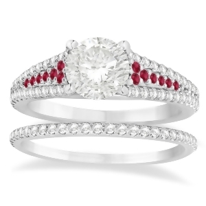 Ruby and Diamond 3 Row Bridal Set 14k White Gold 0.47ct - All