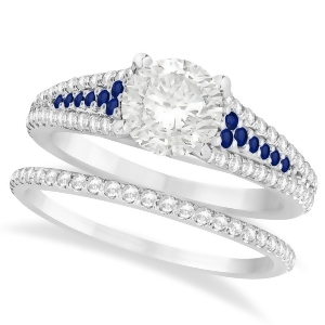 Blue Sapphire and Diamond Bridal Set 14k White Gold 1.47ct - All