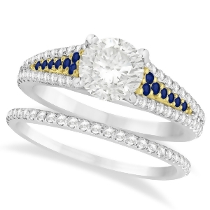 Blue Sapphire and Diamond Bridal Set 14k Two Tone Yellow Gold 1.47ct - All