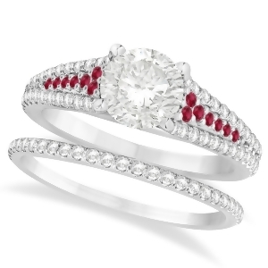 Ruby and Diamond Engagement Ring Bridal Set 14k White Gold 1.47ct - All