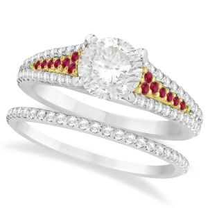Ruby and Diamond Bridal Set 14k Two Tone Yellow Gold 1.47ct - All