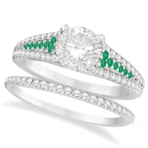 Emerald and Diamond Engagement Ring Bridal Set 14k White Gold 1.47ct - All