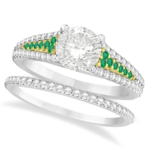 Emerald and Diamond Bridal Set 14k Two Tone Yellow Gold 1.47ct - All