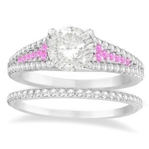 Pink Sapphire and Diamond 3 Row Bridal Set 14k White Gold 0.47ct - All