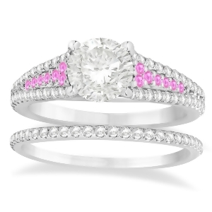 Pink Sapphire and Diamond 3 Row Bridal Set 18k White Gold 0.47ct - All