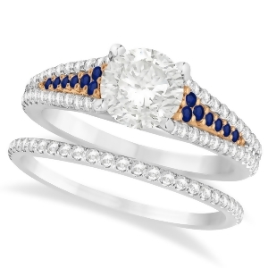 Blue Sapphire and Diamond Bridal Set 18k Two Tone Rose Gold 1.47ct - All