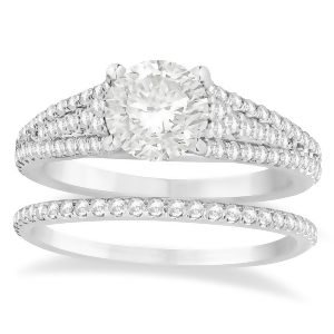 Diamond Three Row Engagement Ring Bridal Set 14k White Gold 0.47ct - All