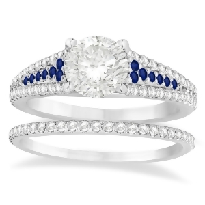 Blue Sapphire and Diamond 3 Row Bridal Set 14k White Gold 0.47ct - All