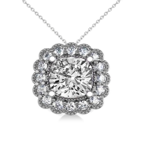 Diamond Floral Cushion Pendant Necklace 14k White Gold 2.52ct - All