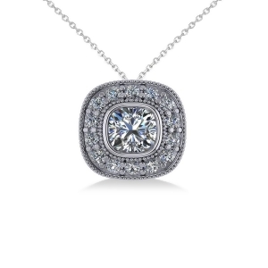 Diamond Halo Cushion Pendant Necklace 14k White Gold 1.26ct - All