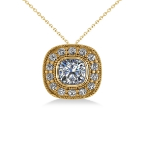 Diamond Halo Cushion Pendant Necklace 14k Yellow Gold 1.26ct - All