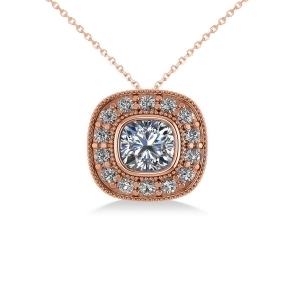 Diamond Halo Cushion Pendant Necklace 14k Rose Gold 1.26ct - All